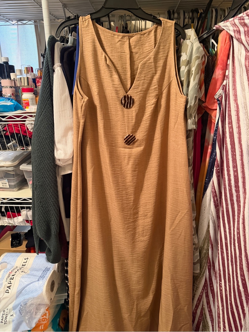 SHEIN Tan Sleeveless Maxi Dress with Decorative Buttons